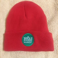 Whole Foods Logo Beanie Red Team Members Winter Knit Hat Cuff New