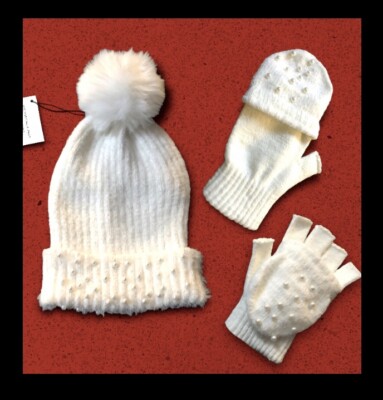 Faux Fur Pom Beanie HAT & GLOVE SET:Pearl Embellished,Flip-Top Glove,adult,white