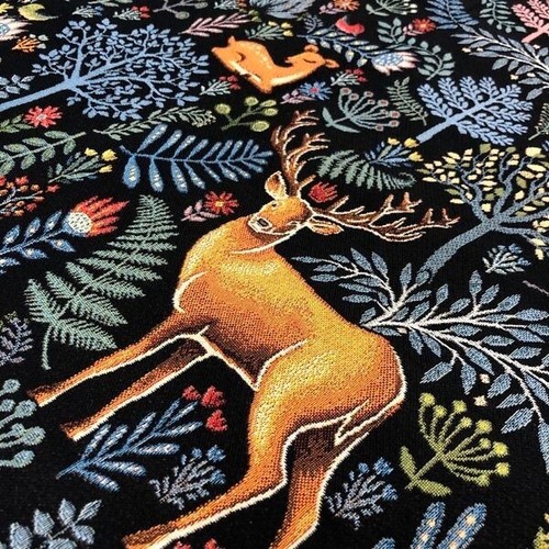 Morris Tapestry Fabric Upholstery Black Botanic Pattern Forest Trees Plants Deer - Picture 2 of 6