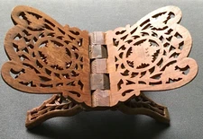 Vtg Hand Carved Sheesham Wood Bible Book Holder stand Flower Leaf Design Folds 