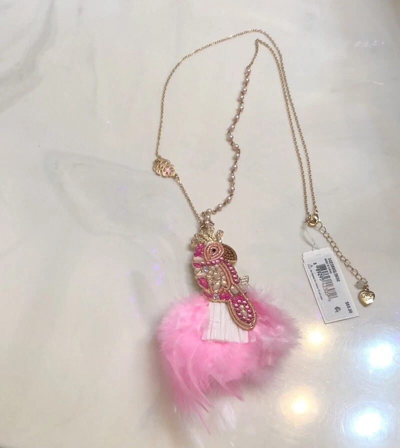 Betsey Johnson Gold Tone Long Necklace Parrot Pendant Feather, Raffia & Crystal - Image 3 of 4