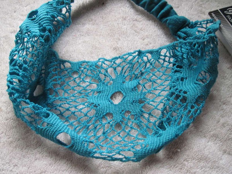 Aqua Turquoise Blue Floral Crochet Fabric Wide Goody Hair Head Wrap Band Large!