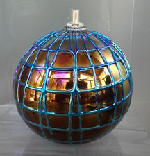 Signed 1993 Stuart Abelman Studio Art Glass Iridescent Threaded Web Oil Lamp