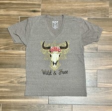 ATX Mafia Women’s Grey V-neck With Skull And Flowers Western Design Size XXL