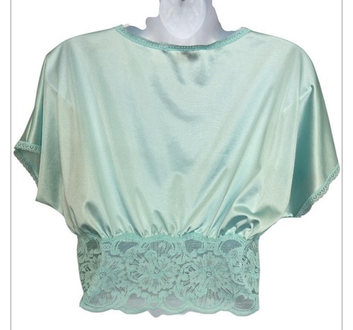 Vintage Vanity Fair Top Sleepwear Sz Large Petites Y2K Blue Lace Made USA - Picture 3 of 12