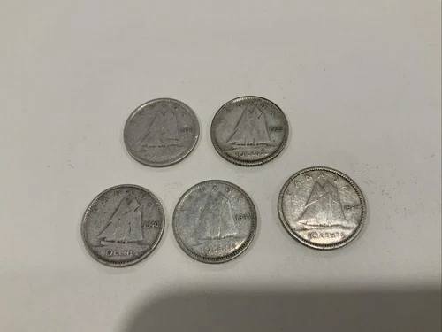 Dimes Canadian George Sixth Dimes 1938-39-40-41-42 Silver Dimes 800 Fine