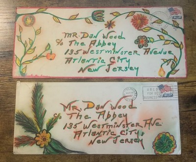 Vintage Lot 2 1964 Envelopes Hand-Drawn Mr. Dan Wood The Abbey Atlantic City NJ