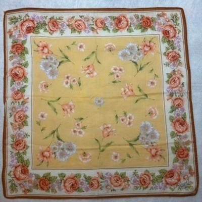 VTG KENZO Scarf Handkerchief Rose Floral Cotton Yellow Orange 16''