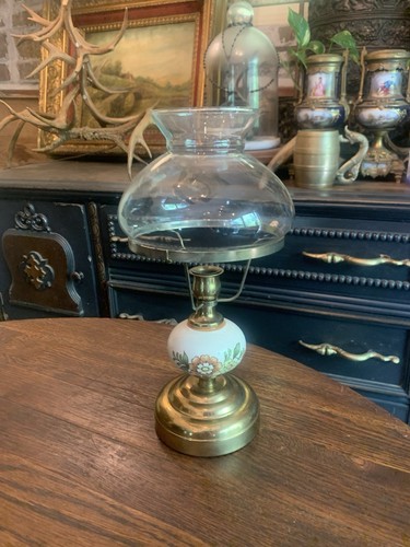 Vtg Floral Ceramic Brass Metal Hurricane Globe Candle Holder Lamp Glass Shade - Picture 13 of 24