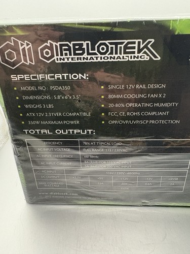 Diablotek Int.Inc DA Series 350 Watt ATX Power Supply PSDA 350 Brand New - Picture 4 of 8