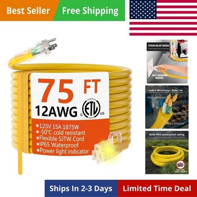 12/3 Gauge Heavy Duty Outdoor Extension Cord 75 ft Waterproof with Lighted en...