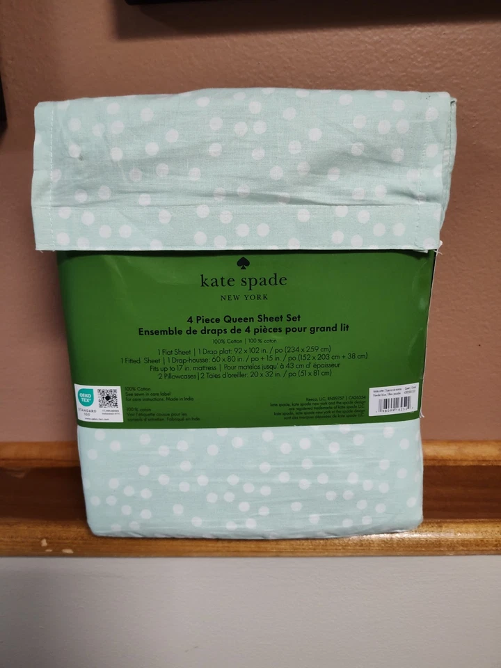 ¡NUEVO CON ETIQUETAS! Juego de sábanas Kate Spade Queen - patrón de puntos blancos verde menta - 100 % algodón Foto 3 de 3