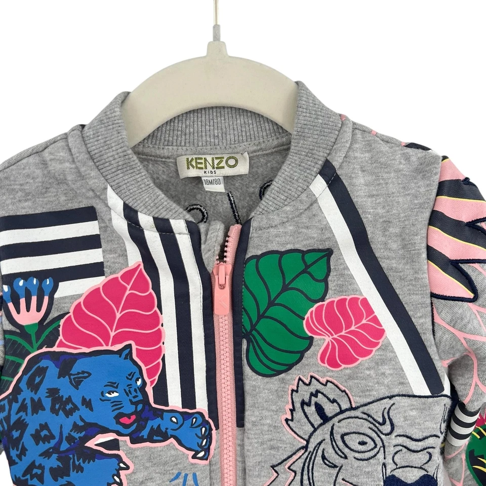 Kenzo Paris Kids Zip-Up Jacket Sweatshirt Tiger Print Embroidered Gray Size 18M - Image 2 of 4