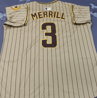 Jackson Merrill #3 Padres Tan Cool Base Sewn Stitched Jersey.