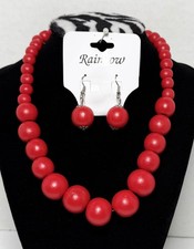 Set of Red Graduating Wood Bead Necklace and Dangle Hook Earring NWT