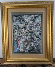 Impressionist Abstract Acrylic on Paper Flower Signed in Gilded Frame 1982
