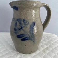 Vintage Rowe Pottery Works Salt Glazed Stoneware Pitcher 1994 6.5” Floral Design
