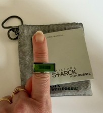 Philippe Starck x Fossil Ring Watch Rare! WORKING w NEW BATTERY Papers Size 7.5