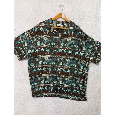 Caribbean Mens 2XB Hawaiian Shirt Brown Teal Palm Tree Pineapple Camp Shirt