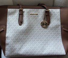 Michael Kors Brown/Gray Logo Tote Shoulder Bag Zip Top Gold Hardware Charm