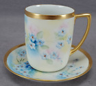 Mz Austria Hand Painted Blue Forget Me Nots & Gold Chocolate Cup & Saucer A