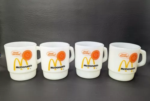 McDonald's Fire King Anchor Hocking 4 Good Morning Coffee Mugs Cups Milk Glass
