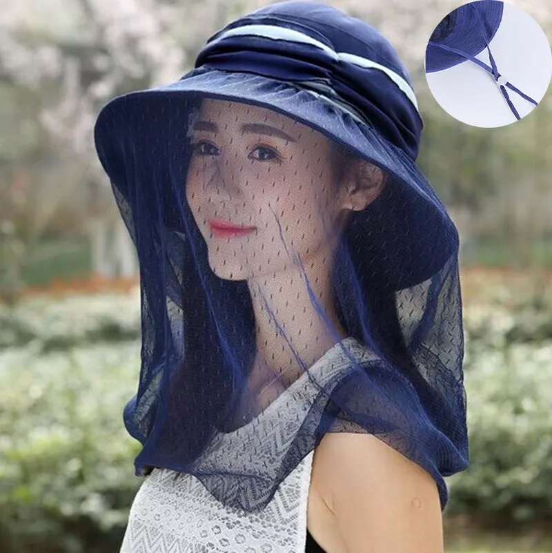 Women Foldable Anti Mosquito Fishing Hat Head Mesh Net Sun-Protection Cap