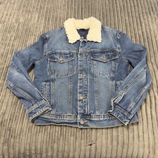 Mango Jeans Denim Trucker Jacket Womens XS Blue Denim Shrpa Collar Quilted Retro