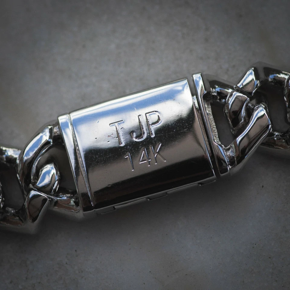 Collar gargantilla cadena eslabones cubanos con punta de diamante simulado oro blanco de 18 k 18 mm Foto 4 de 4