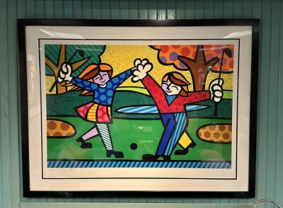 Romero Britto Limited Edition, Signed Serigraph  New Golfer  Framed In Black