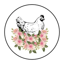 pink floral Chicken stickers, labels, tags, envelope seals, hens, egg cartons