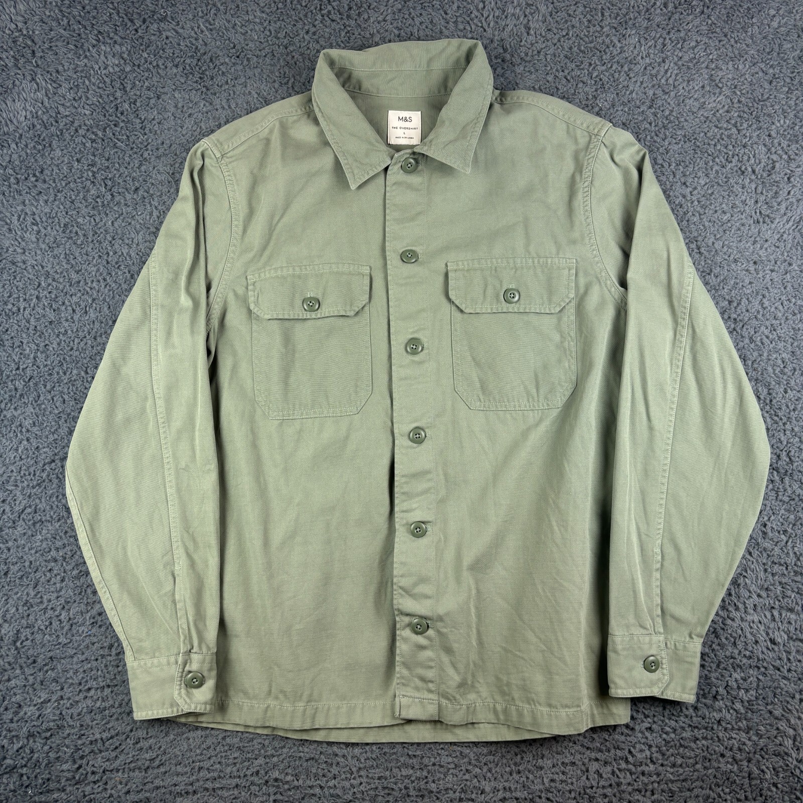 M&S Overshirt Mens Large Green Shacket Long Sleeve Button Up Pockets Utility