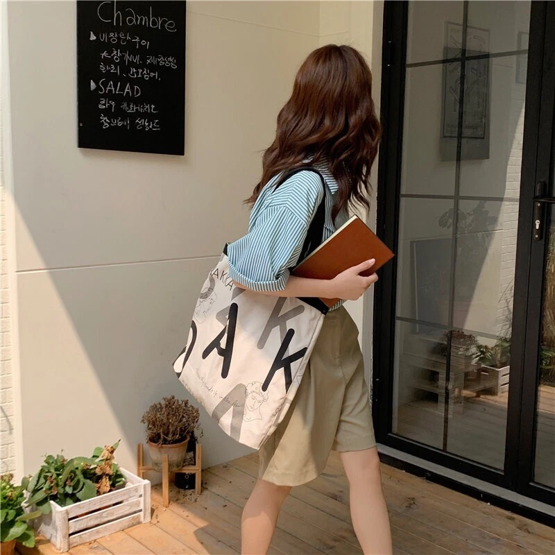 Canvas Tote Bags Letter Print Cotton Shoulder Handbag for School Travel  Shopping