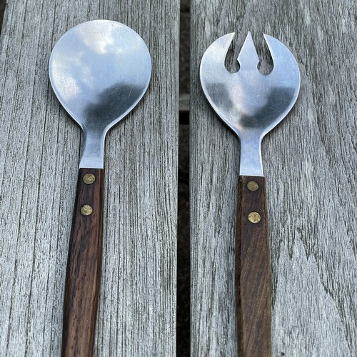 Stern Salad Server Set Mid Century Retro Rostfrei Tapered Wood Handles 11" vtg - Picture 2 of 12