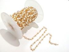 10 Feet Pearl Round Smooth 3-4mm Beads, Rosary Beaded Chain Gold Plated Wire