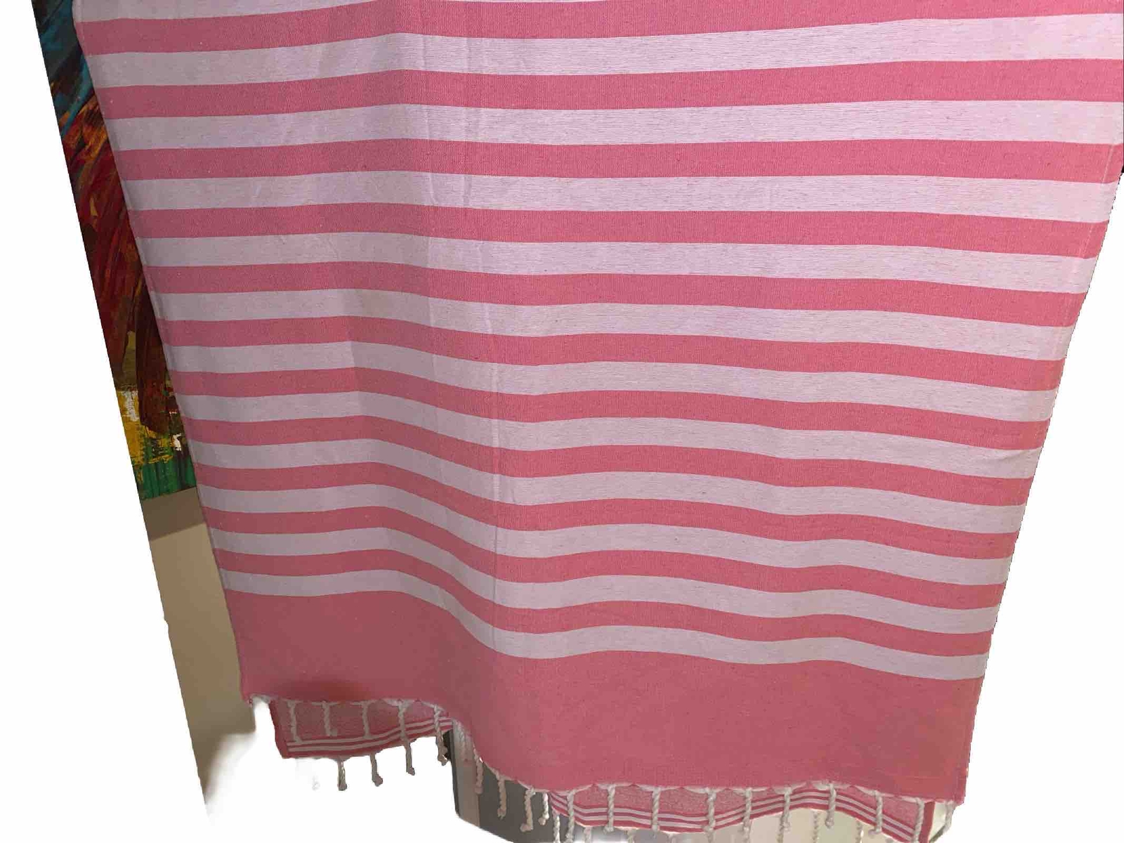 LARGE Pink & White Stripe Beach Towel with Tassels 74&rdquo;x 38&rdquo; Cotton HIGH QUALITY!
