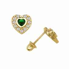 Emerald Halo CZ Heart Shape Child Stud Earrings Screw Back 14K Yellow Gold