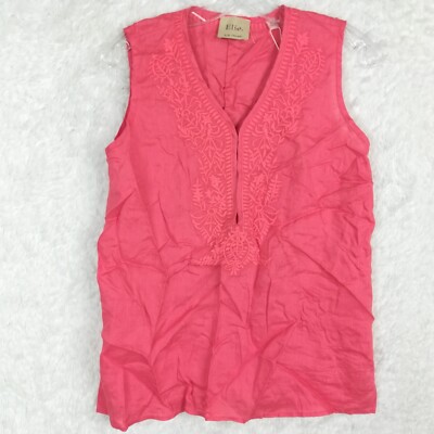 Elie Tahari Womens Blouse Linen Tank Coral Embroidered Island Hibiscus S New