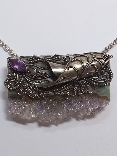 Vtg Artist HandMade Sterling Silver Amethyst Slice Filigree Pendant Necklace Pin - Picture 12 of 20