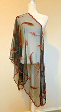 New Womens Scarf Stole Shawl Black Red Sequins See Through Net Scalloped Edge
