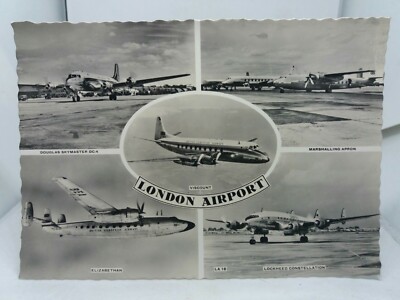 Vintage Postkarte London Heathrow Flughafen Rangierschürze DC4 Lockheed etc. um 1960