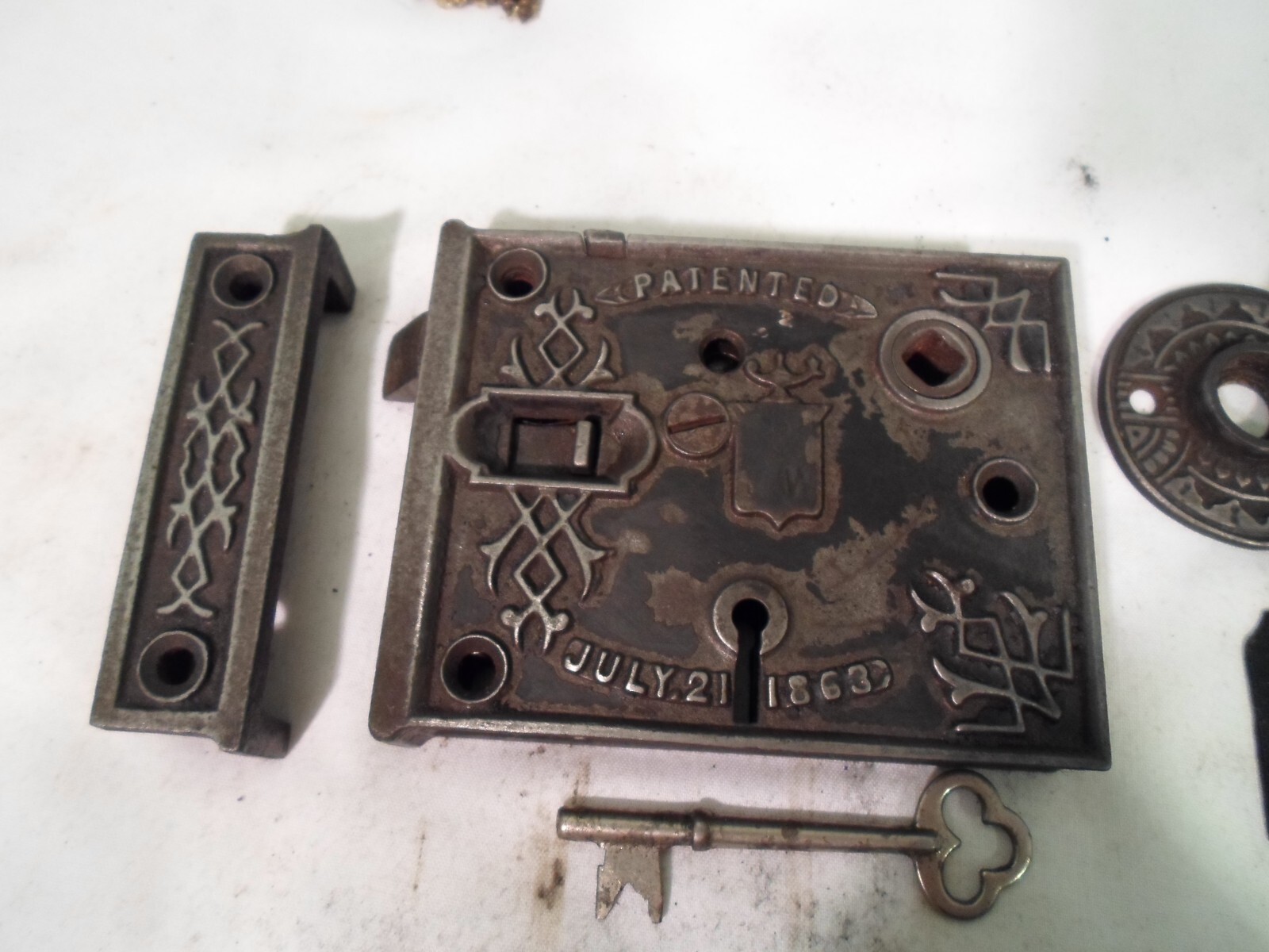 Antique 1863 Civil War BLW Steel Rim Lock Bennington Door Knobs w/key