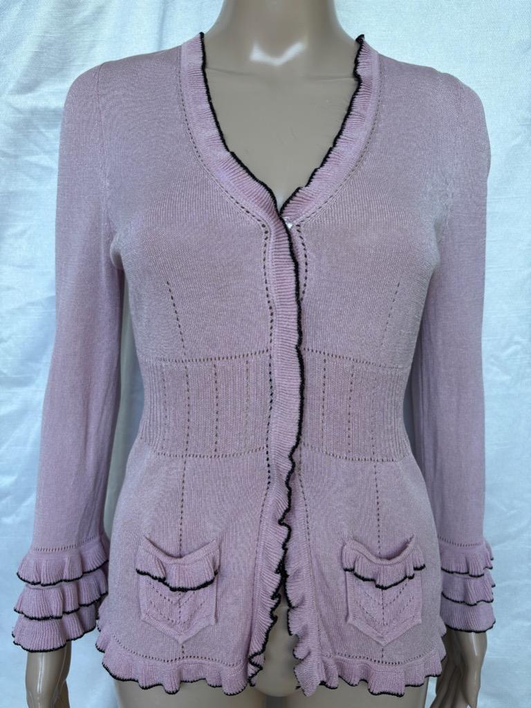 Nanette Lepore Ruffled Pointelle Knit Cardigan in Lilac Mauve for a Feminine Curvy Fit  