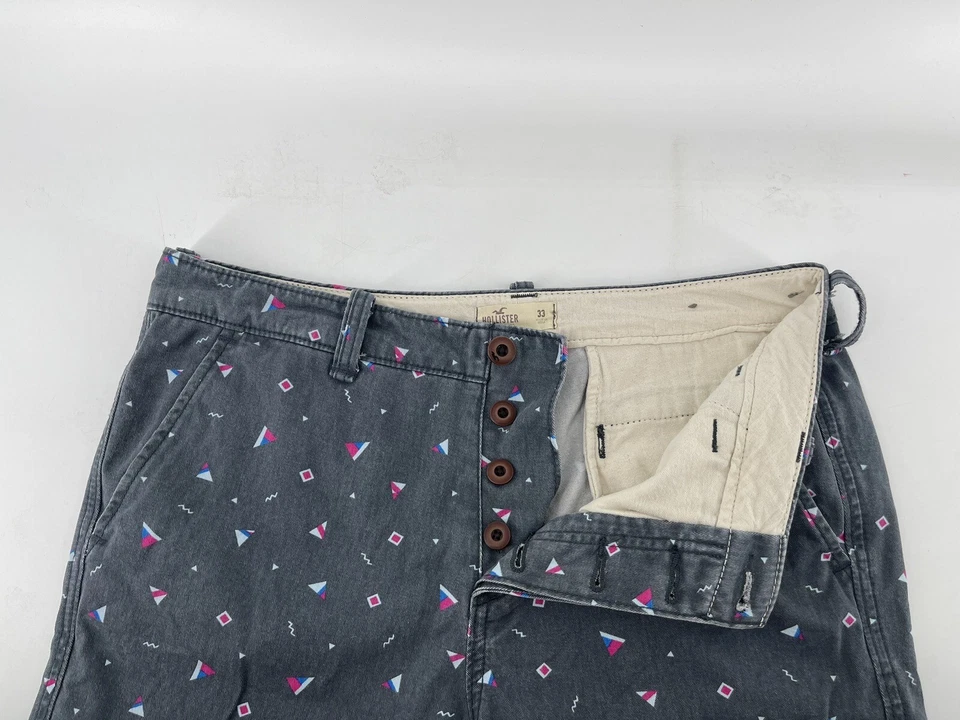 Hollister Chino Shorts Button Fly Mens Sz 33 Gray Pink Blue Geometric 9” Inseam - Image 3 of 4