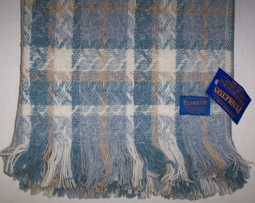 NWT Pendleton AQUA/TAN/IVORY PLAID Basketweave 100% WOOL Throw Blanket 68x52 USA