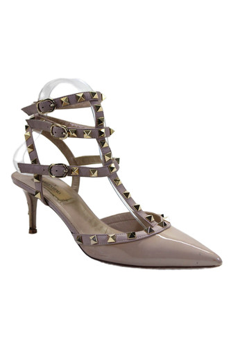 Valentino Garavani Womens Geometric Stud Strappy Kitten Heels Beige Size EUR 38