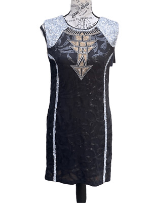 NWT April, May designer sequin cocktail wedding dress black silver woman S