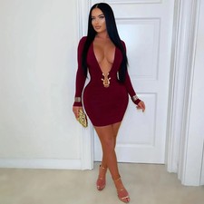 LATEST DESIGN Wine Red Deep V Neck Long Sleeve Mini Dress Party Club SIZE 8 UK