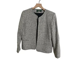Orvis Womens Long Sleeve Open Front Wool Blend Blazer Gray Tweed Size 12 Petite