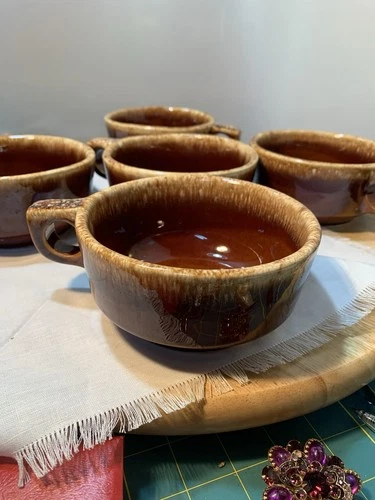 Lot 5 Hull Oven Proof Brown Drip Handled Soup Mug 4.75" Diameter Vintage USA 2.5